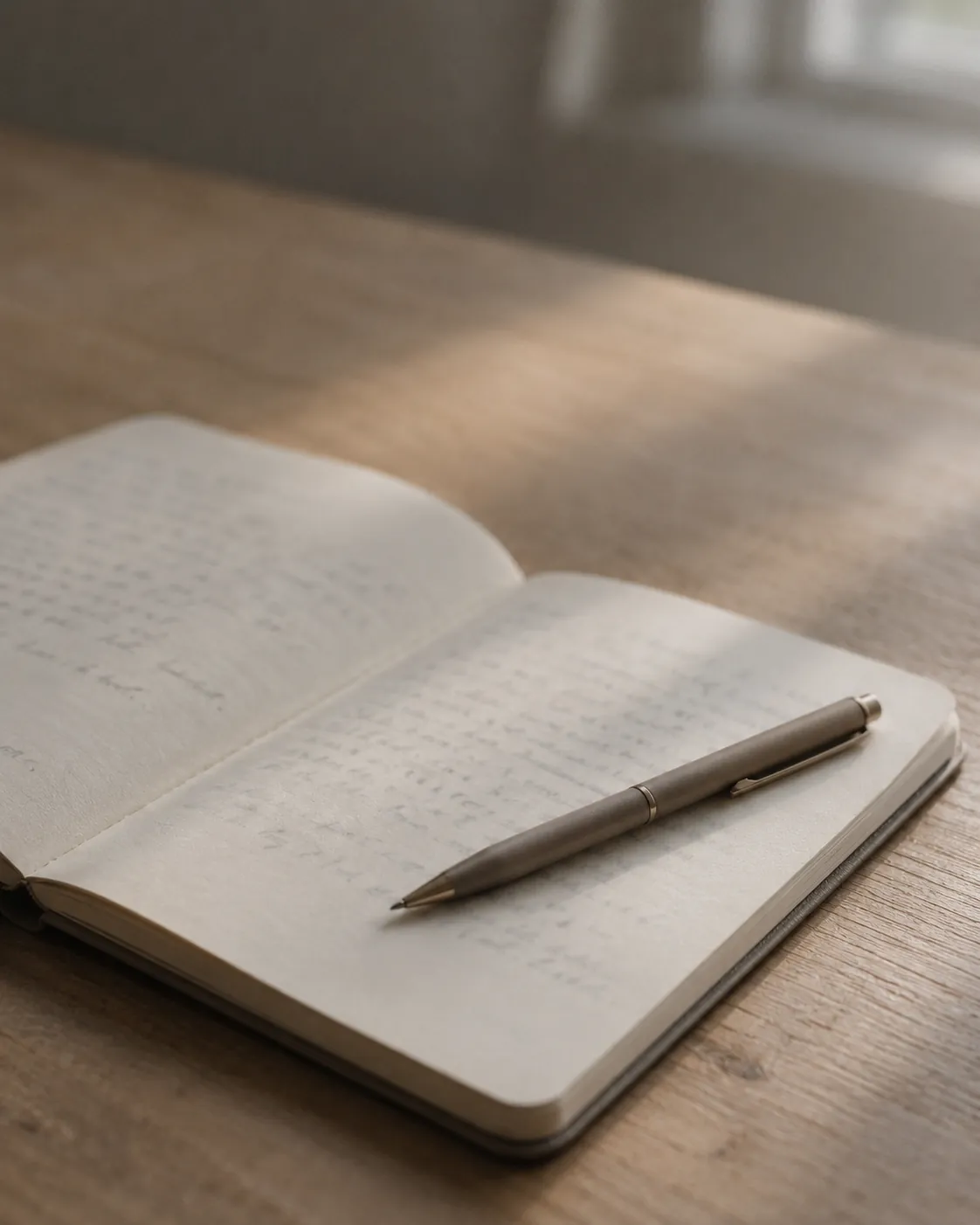 An open notebook and a pen on a wooden table in daylight.