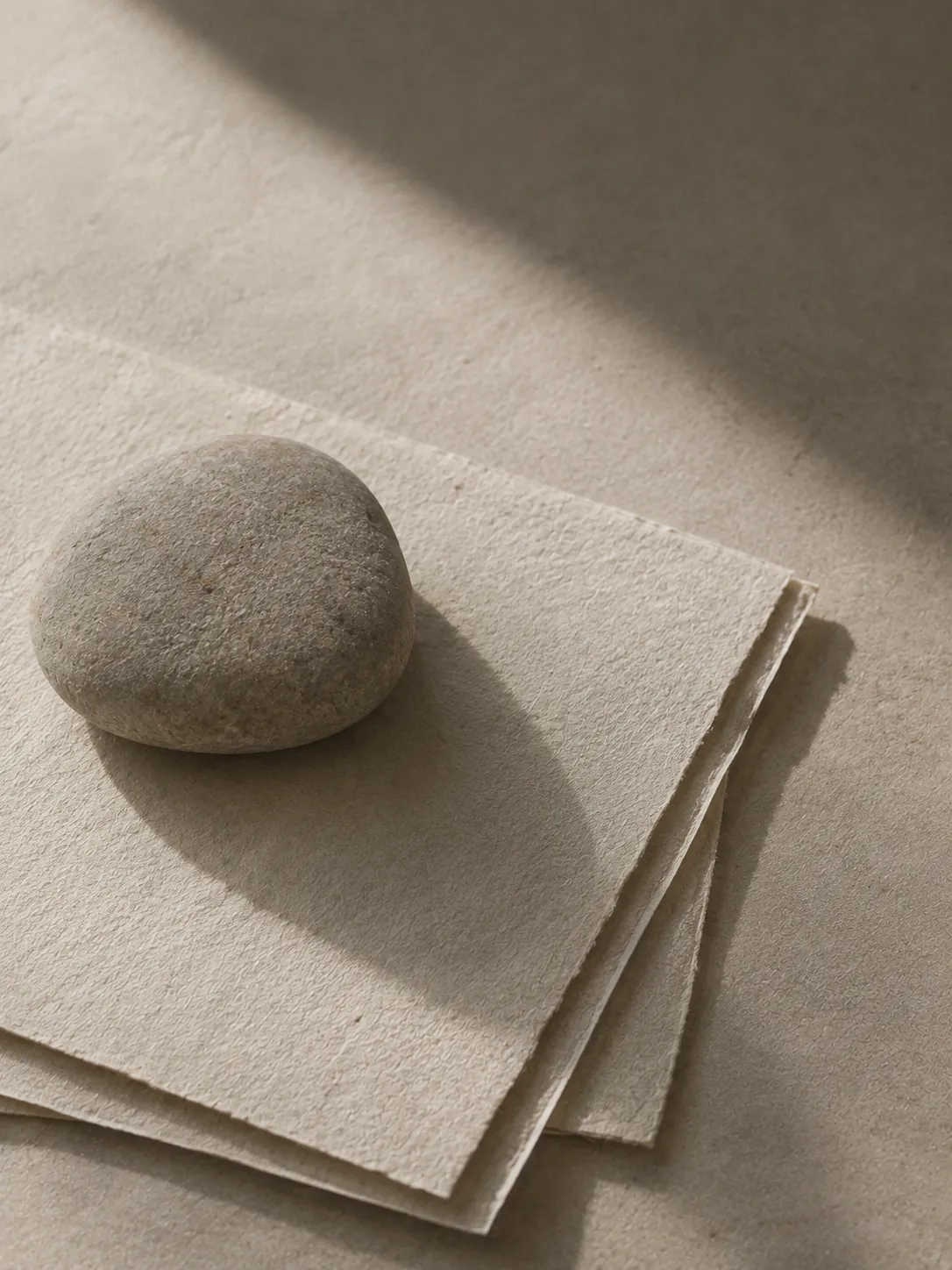 Sheets of heavy paper held down by a smooth stone.