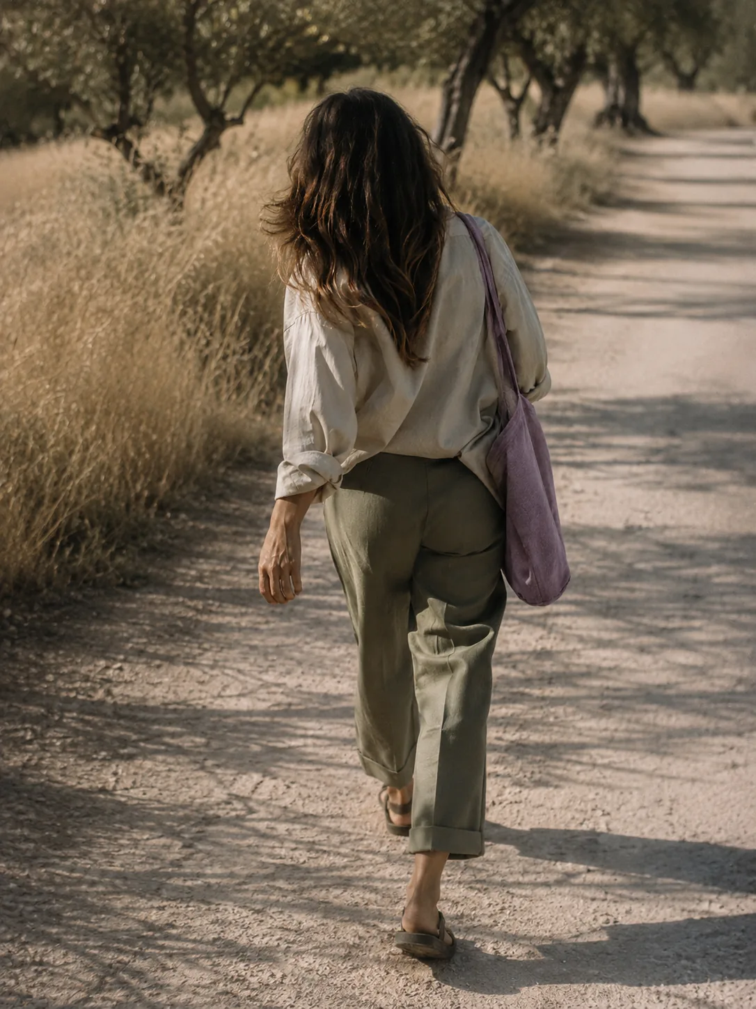 A person walking away down a path between olive trees.
